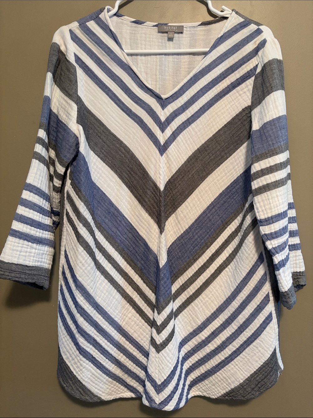 Boden Chevron Stripe V-Neck Tunic in White, Blue & Gray